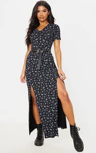 Black ditsy floral split maxi dress by Pretty Little Thing