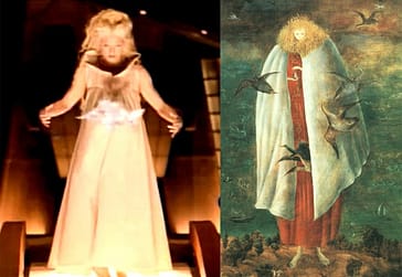 Left: Madonna in “Bedtime Story,” 1995; Right: The Giantess, Leonora Carrington, c. 1947
