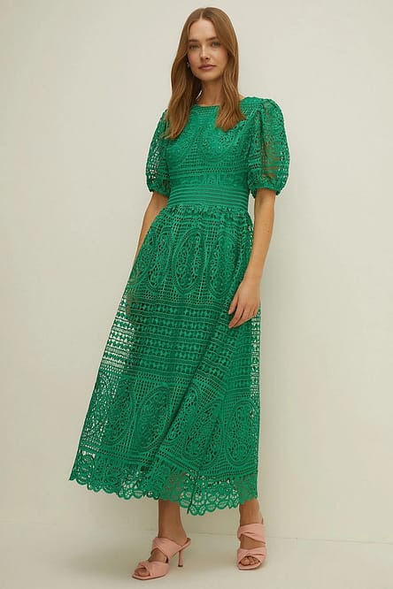 Bright green lace puff sleeve dress by Oasis