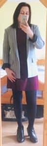 Pinstripe jacket (H&M) with burgundy shift dress (Warehouse)