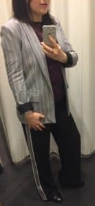Pinstripe jacket (H&M) with burgundy lace top (Vila) & black trousers (Oasis)